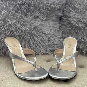 SCHUTZ Silver Metallic Thong Stiletto Heels